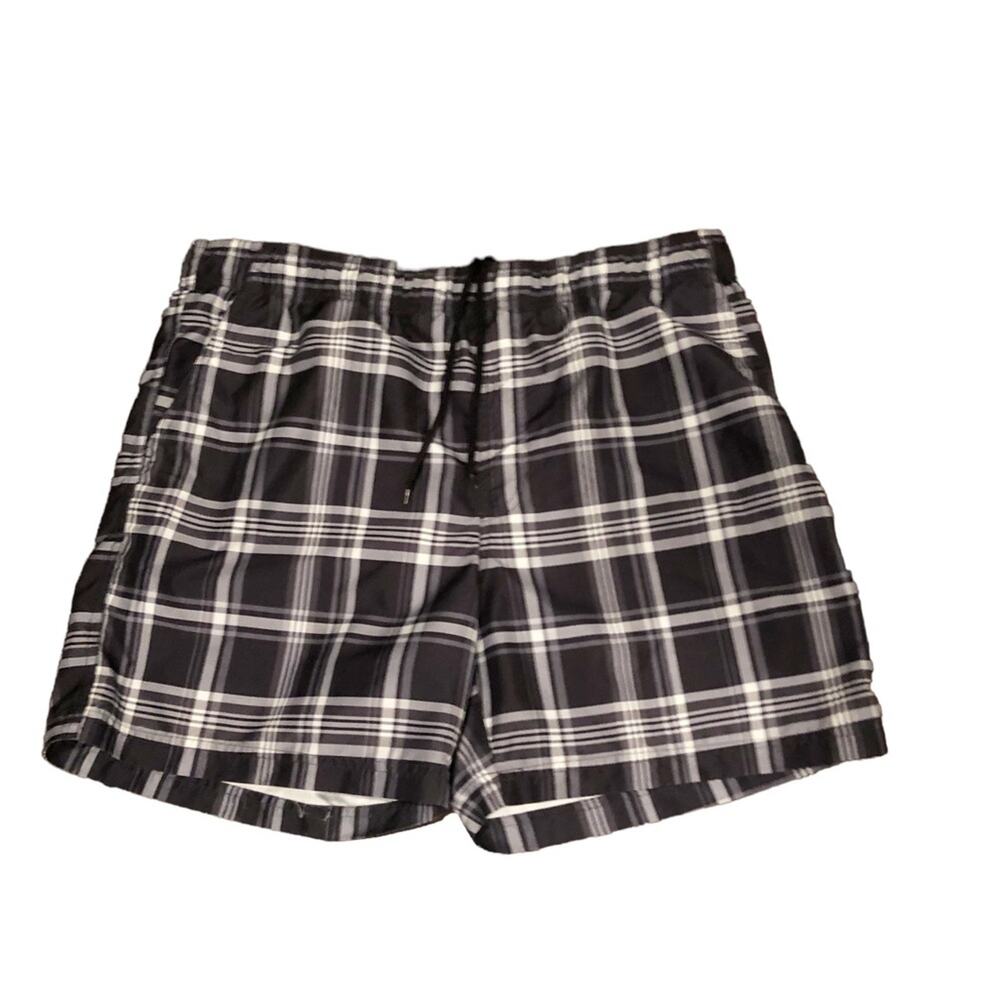 OP Ocean Pacific Black White Plaid Swim Trunks Mens Medium Shorts